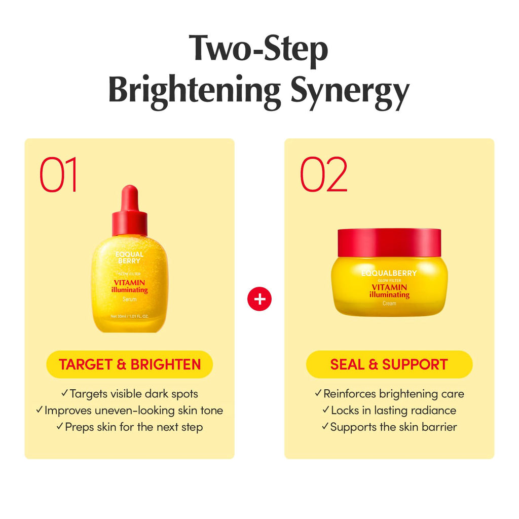 EQQUALBERRY Vitamin C Dark Spots & Brightening Duo | Vitamin Illuminating Serum & Cream with Niacinamide, TXA & Ceramides | Korean Skincare Set for Even Tone & Glow
