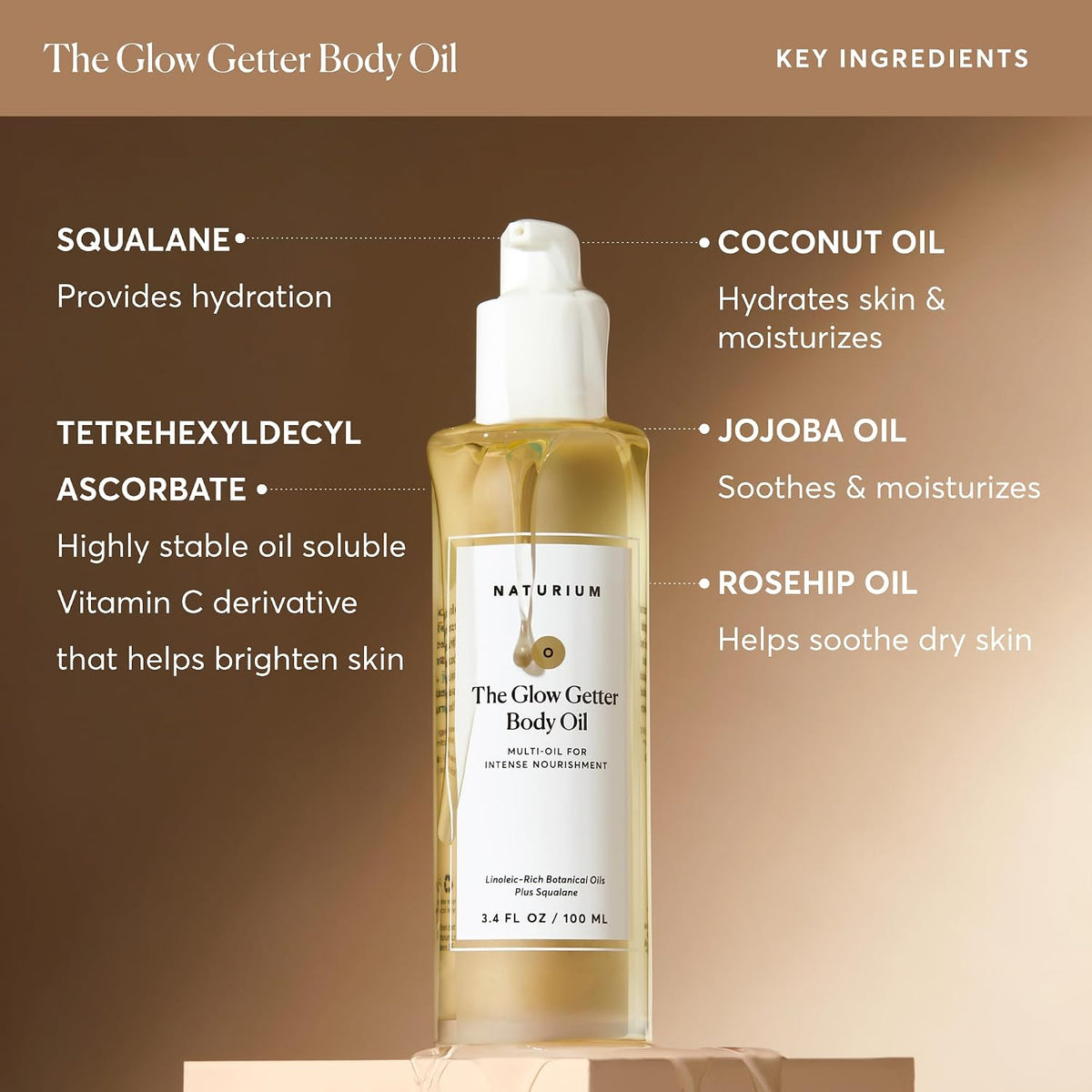Naturium The Glow Getter Body Oil, Botanical Blend with Squalane, 3.4 oz | Hydrating & Moisturizing Body Oil, Intense Nourishment with Olive, Jojoba, Rosehip & Sea Buckthorn, Smooth & Firm Skin Finish